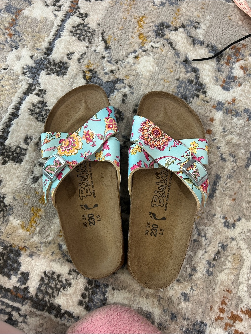Birkenstock-Style Floral Slide Sandals in Light Blue